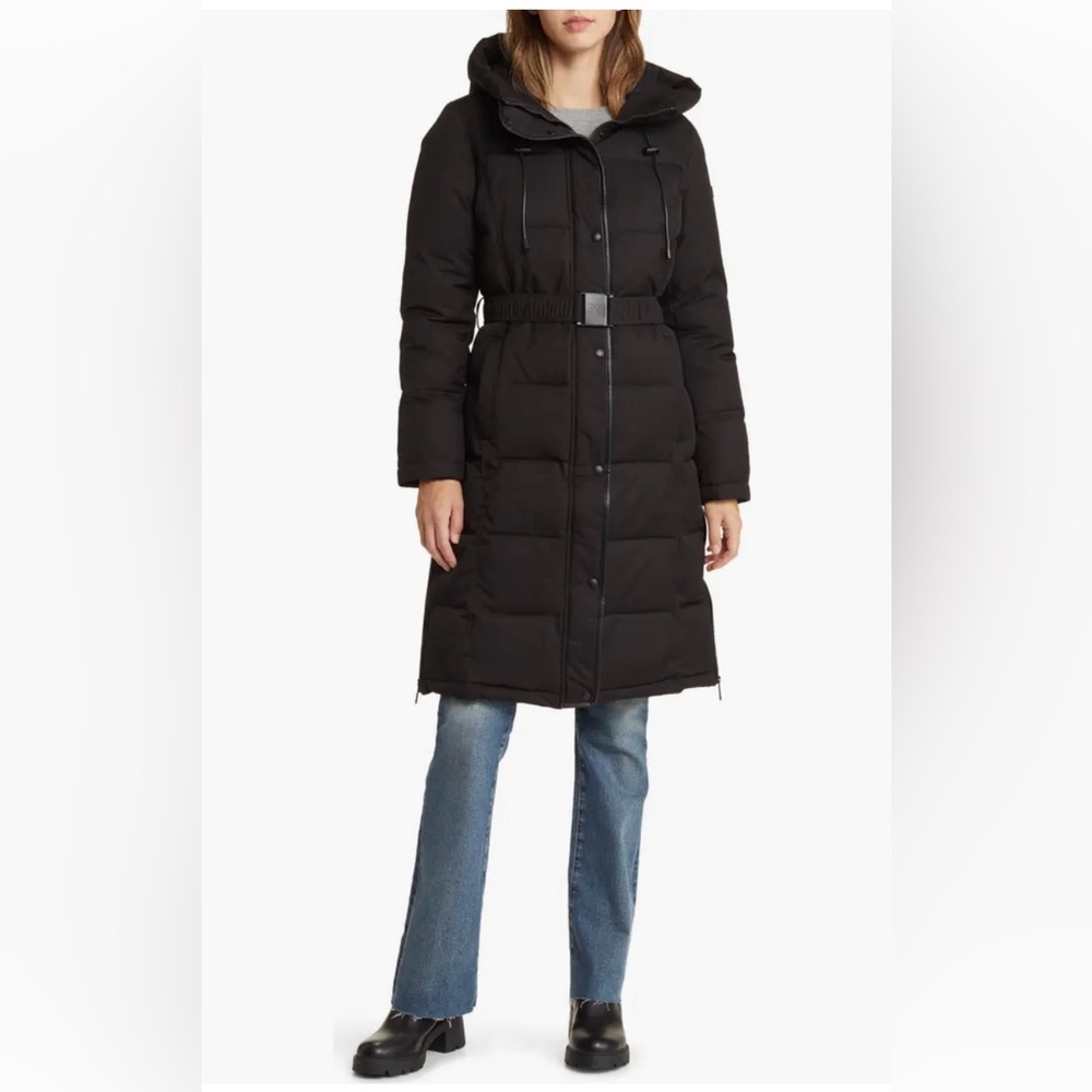 Black puffer jacket with belt
